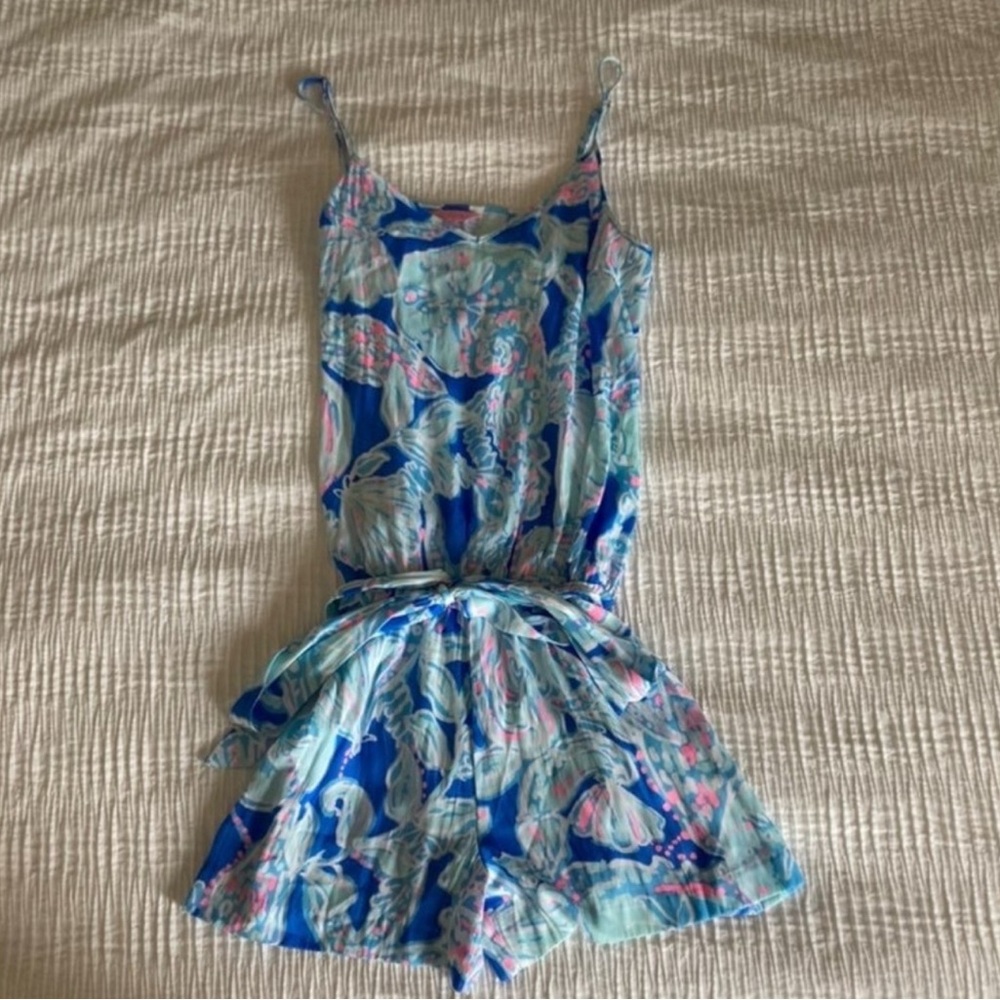 Lily Pulitzer Blue and Pink Sleeveless Romper with tie SMALL